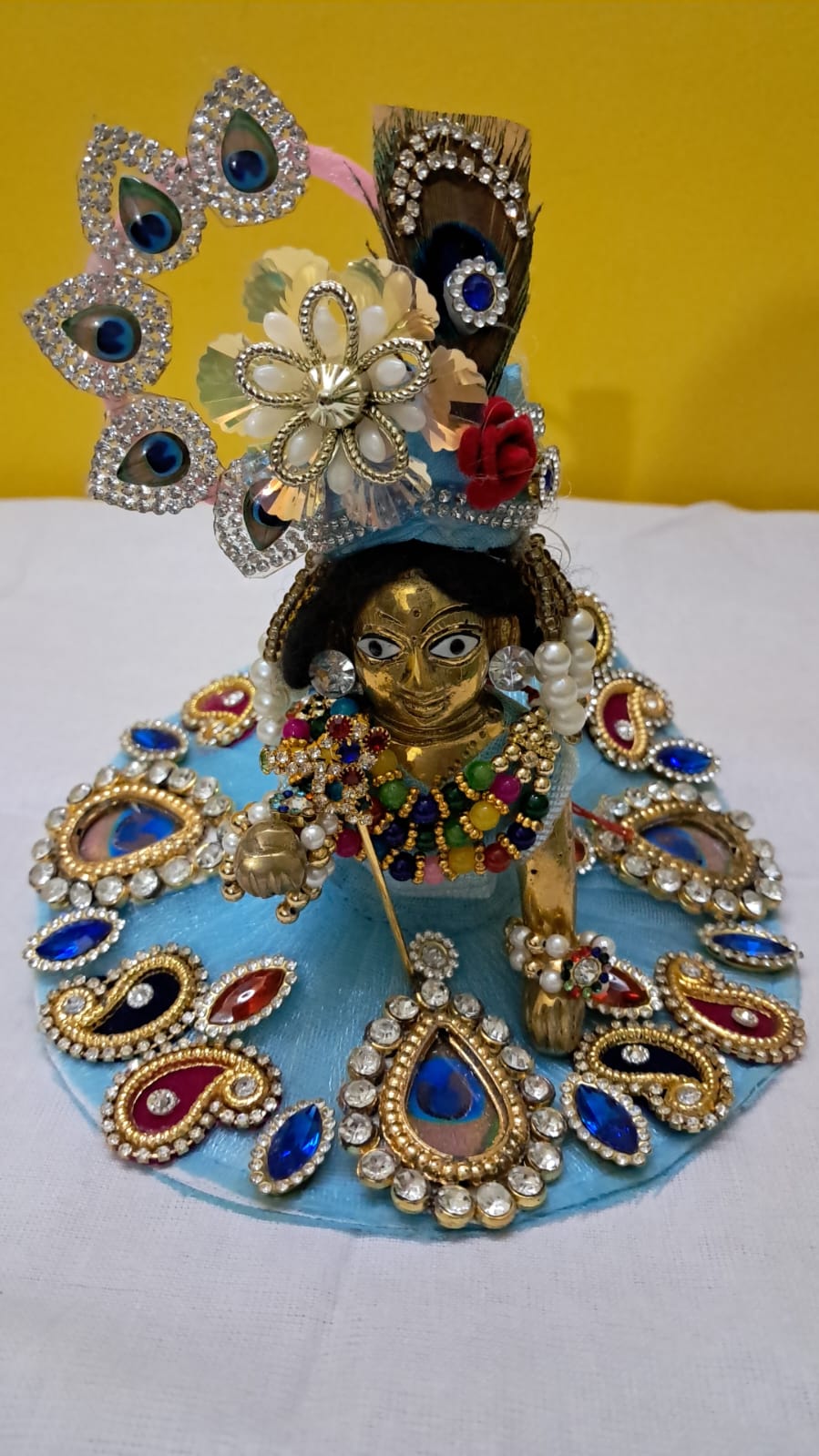 Thakur Ji & Radha Rani Designer Poshak – Sky Blue Organza with Peacock & Stone Embroidery (GO_SEWA)