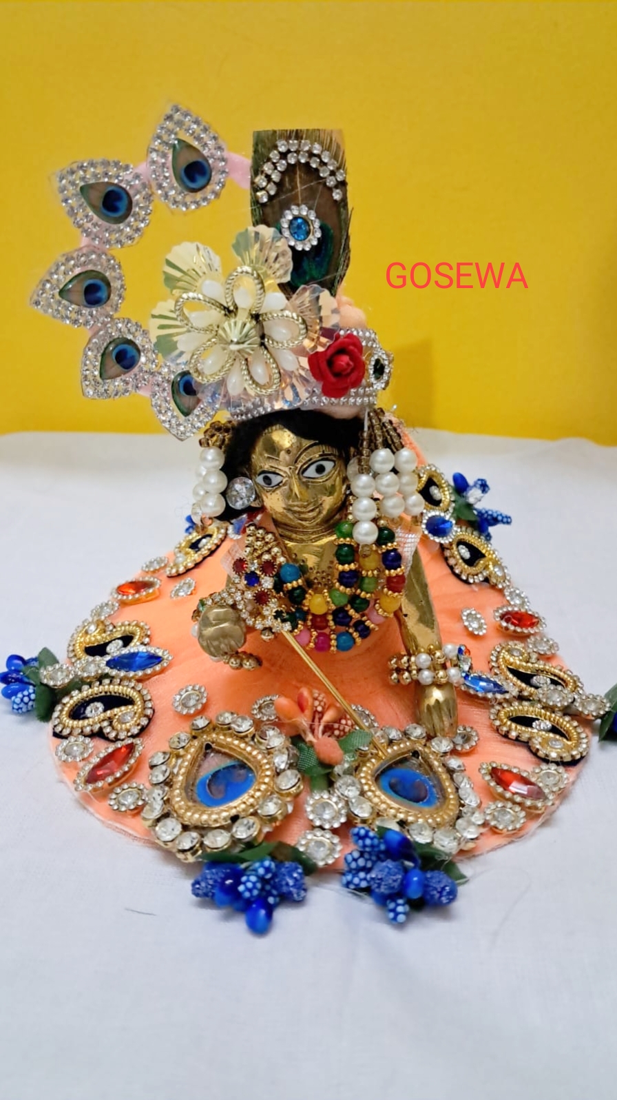 🌸 Peach Peacock Designer Poshak Set (With Pagdi) for ladugopal– Size 4 🌸